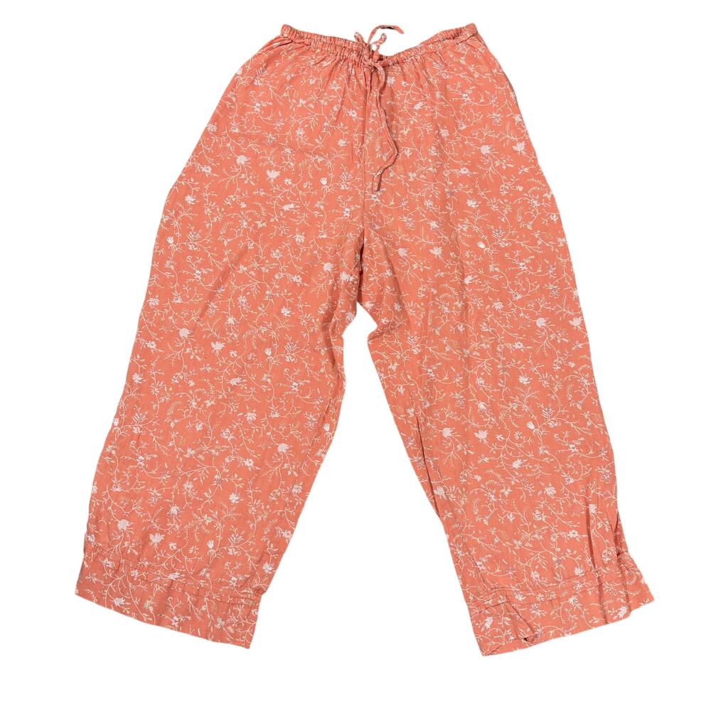 FLAX 100% Linen Floral Wide Leg Pants Loungewear Ruffle Hem Size M Vintage FLAX